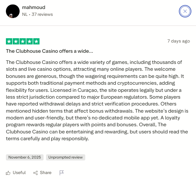 Trustpilot review highlighting great bonuses at Clubhouse Casino