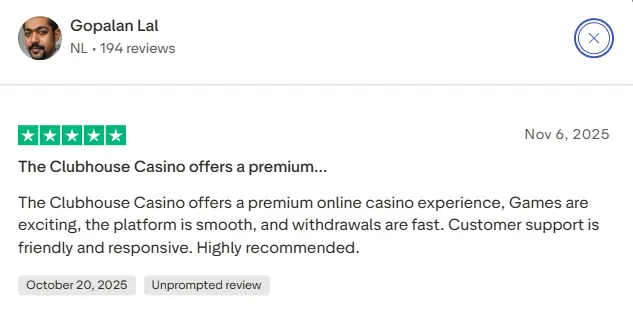 Review mentioning fast payouts at Clubhouse Casino